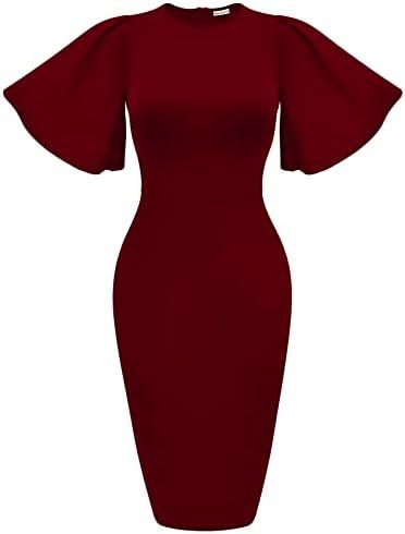 Memoriesea Women&#39;s Basic Bodycon Ruffle Flared Short Sleeve Pencil Midi Dress - KevRow5760