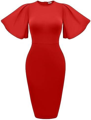 Memoriesea Women&#39;s Basic Bodycon Ruffle Flared Short Sleeve Pencil Midi Dress - KevRow5760