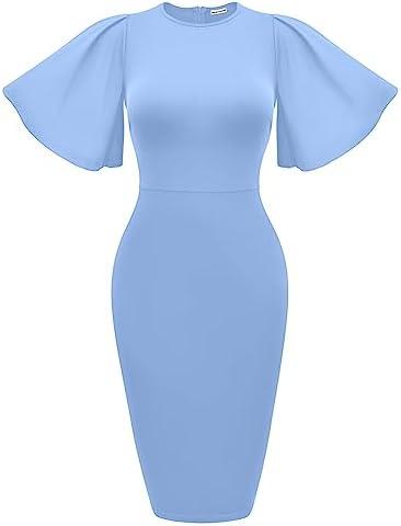 Memoriesea Women&#39;s Basic Bodycon Ruffle Flared Short Sleeve Pencil Midi Dress - KevRow5760