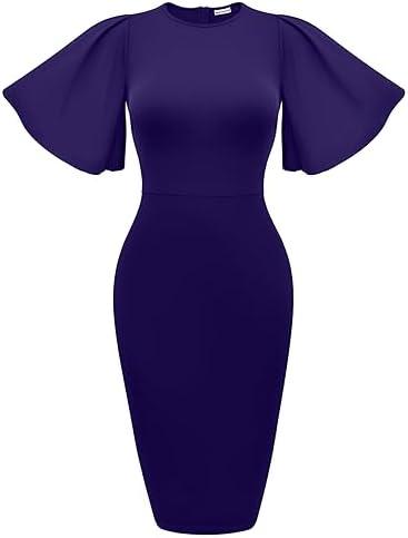 Memoriesea Women&#39;s Basic Bodycon Ruffle Flared Short Sleeve Pencil Midi Dress - KevRow5760