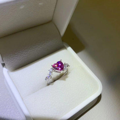 Elegant heart-shaped amethyst and diamond 925 sterling silver ring in a white jewelry box