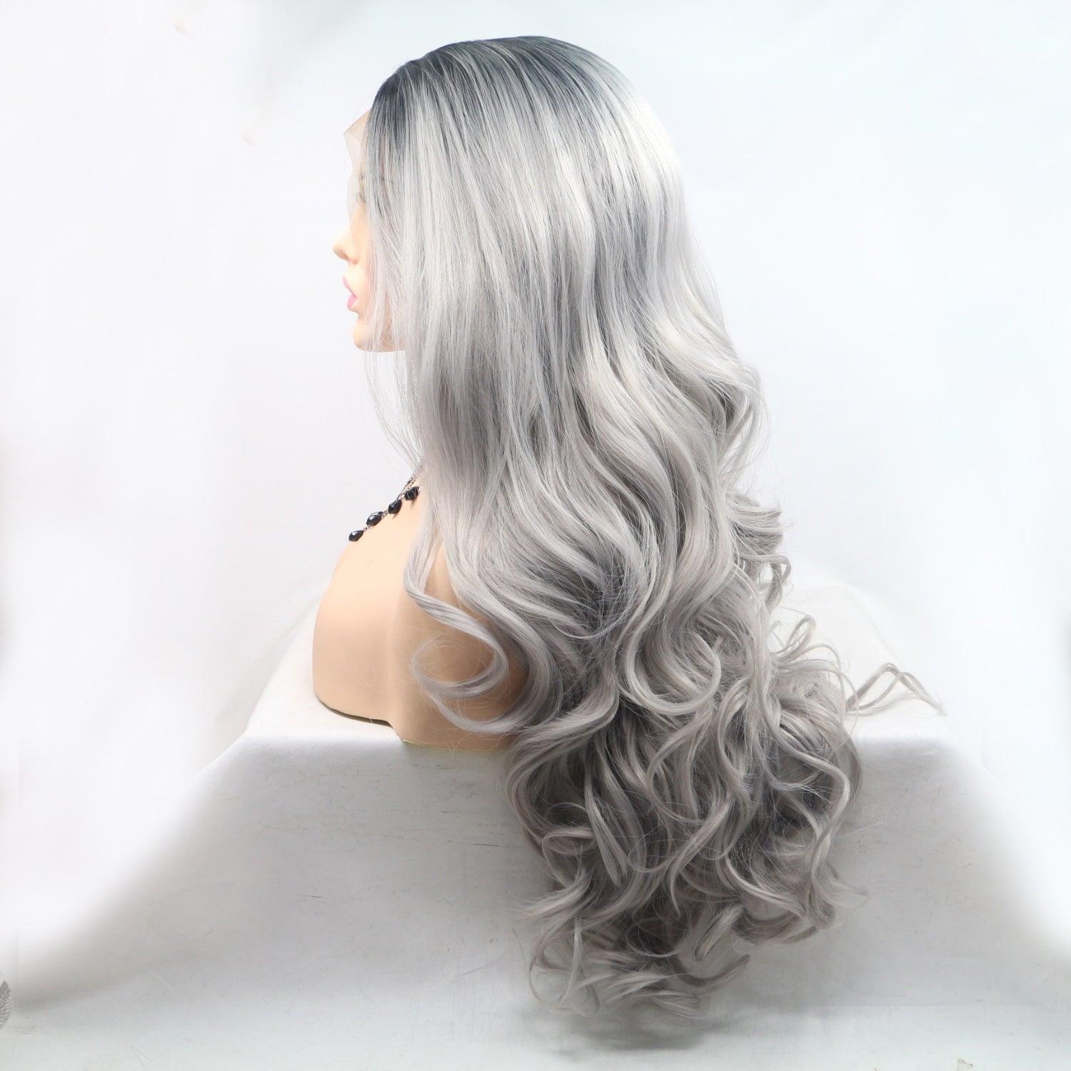 Long, silver-gray wavy wig with 130% density and 24-inch length for voluminous, trendy look