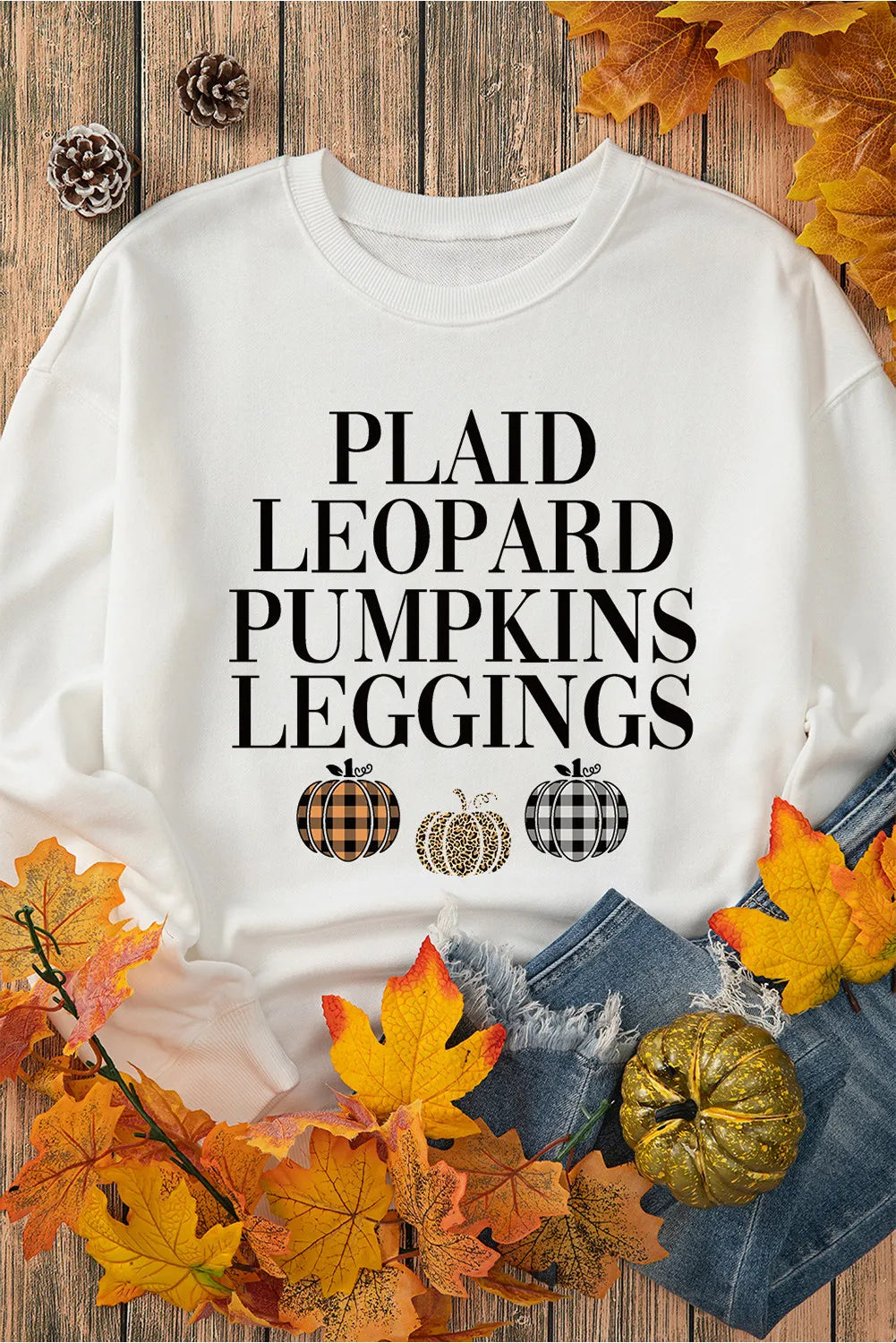 a white shirt that says, plaid leopard pumpkins leggings