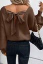 Apricot Lantern Sleeve V Neck Knot Back Sweater