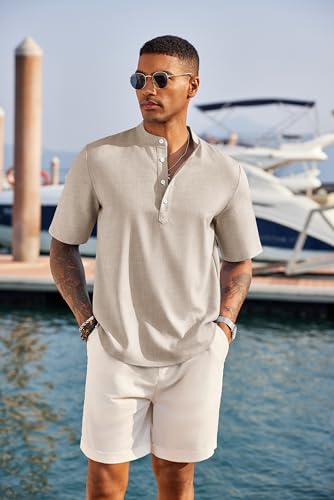 COOFANDY Men's Casual Henley Shirt Short Sleeve Band Collar Linen Shirt Summer Beach Hippie T-Shirts