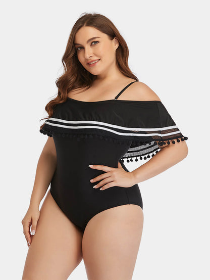 Plus Size Striped Cold-Shoulder One-Piece Swimsuit