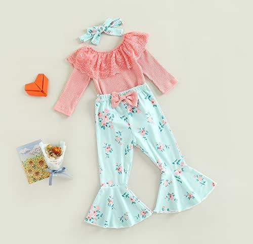 Newborn Baby Girl Clothes Infant Rib Frill Long Sleeve Romper Floral Flared Pants Headband 3pcs Fall Winter Outfits - KevRow5760