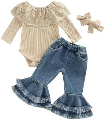 Newborn Baby Girl Clothes Infant Rib Frill Long Sleeve Romper Floral Flared Pants Headband 3pcs Fall Winter Outfits - KevRow5760