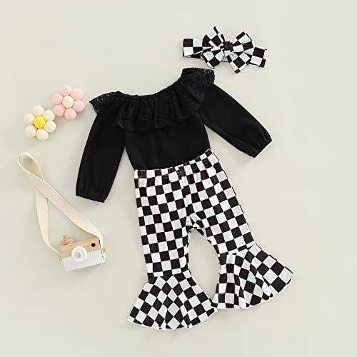 Newborn Baby Girl Clothes Infant Rib Frill Long Sleeve Romper Floral Flared Pants Headband 3pcs Fall Winter Outfits - KevRow5760