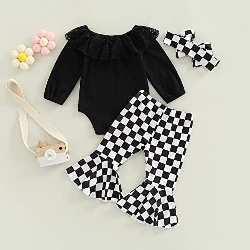 Newborn Baby Girl Clothes Infant Rib Frill Long Sleeve Romper Floral Flared Pants Headband 3pcs Fall Winter Outfits - KevRow5760