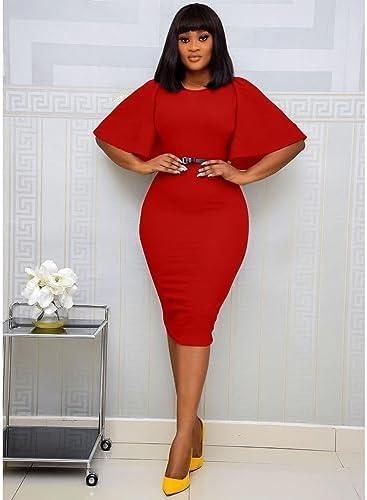 Memoriesea Women&#39;s Basic Bodycon Ruffle Flared Short Sleeve Pencil Midi Dress - KevRow5760