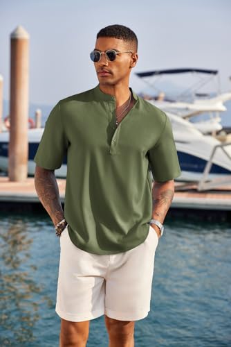 COOFANDY Men's Casual Henley Shirt Short Sleeve Band Collar Linen Shirt Summer Beach Hippie T-Shirts