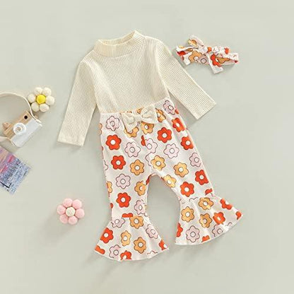 Newborn Baby Girl Clothes Infant Rib Frill Long Sleeve Romper Floral Flared Pants Headband 3pcs Fall Winter Outfits - KevRow5760