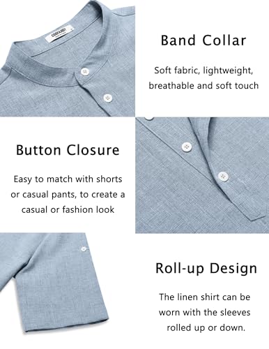 COOFANDY Men's Casual Henley Shirt Short Sleeve Band Collar Linen Shirt Summer Beach Hippie T-Shirts