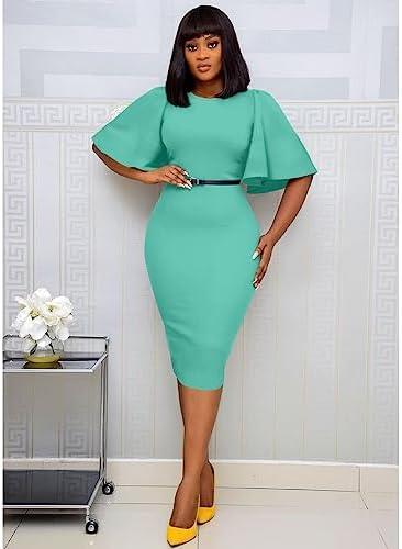 Memoriesea Women&#39;s Basic Bodycon Ruffle Flared Short Sleeve Pencil Midi Dress - KevRow5760