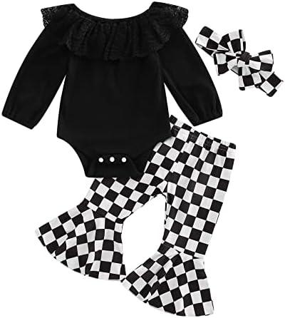 Newborn Baby Girl Clothes Infant Rib Frill Long Sleeve Romper Floral Flared Pants Headband 3pcs Fall Winter Outfits - KevRow5760