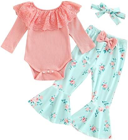 Newborn Baby Girl Clothes Infant Rib Frill Long Sleeve Romper Floral Flared Pants Headband 3pcs Fall Winter Outfits - KevRow5760