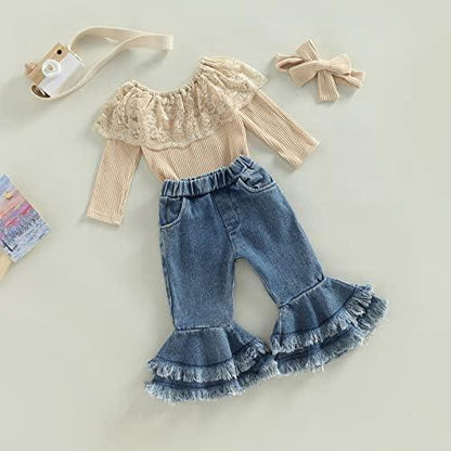 Newborn Baby Girl Clothes Infant Rib Frill Long Sleeve Romper Floral Flared Pants Headband 3pcs Fall Winter Outfits - KevRow5760