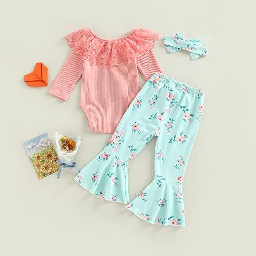 Newborn Baby Girl Clothes Infant Rib Frill Long Sleeve Romper Floral Flared Pants Headband 3pcs Fall Winter Outfits - KevRow5760