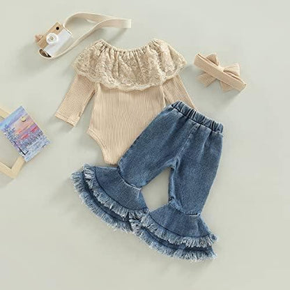 Newborn Baby Girl Clothes Infant Rib Frill Long Sleeve Romper Floral Flared Pants Headband 3pcs Fall Winter Outfits - KevRow5760