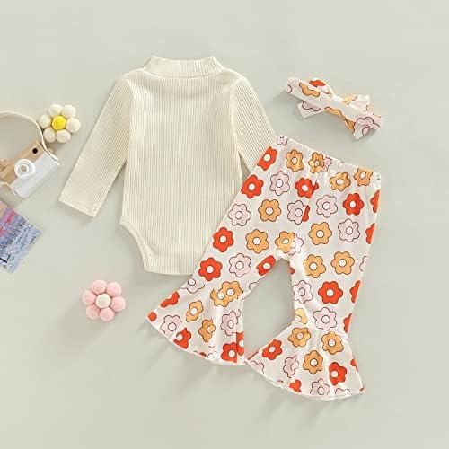 Newborn Baby Girl Clothes Infant Rib Frill Long Sleeve Romper Floral Flared Pants Headband 3pcs Fall Winter Outfits - KevRow5760