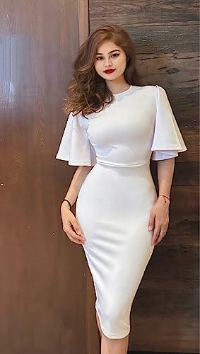 Memoriesea Women&#39;s Basic Bodycon Ruffle Flared Short Sleeve Pencil Midi Dress - KevRow5760