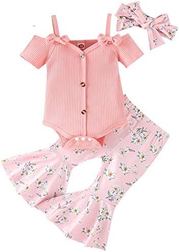 Newborn Baby Girl Clothes Infant Rib Frill Long Sleeve Romper Floral Flared Pants Headband 3pcs Fall Winter Outfits - KevRow5760