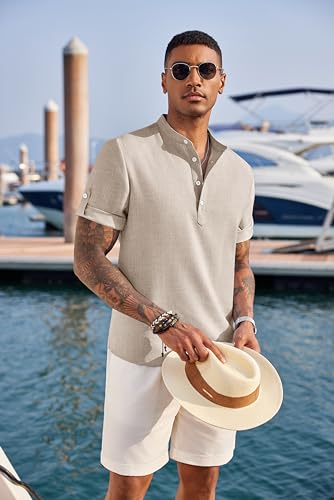 COOFANDY Men's Casual Henley Shirt Short Sleeve Band Collar Linen Shirt Summer Beach Hippie T-Shirts