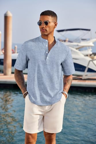 COOFANDY Men's Casual Henley Shirt Short Sleeve Band Collar Linen Shirt Summer Beach Hippie T-Shirts