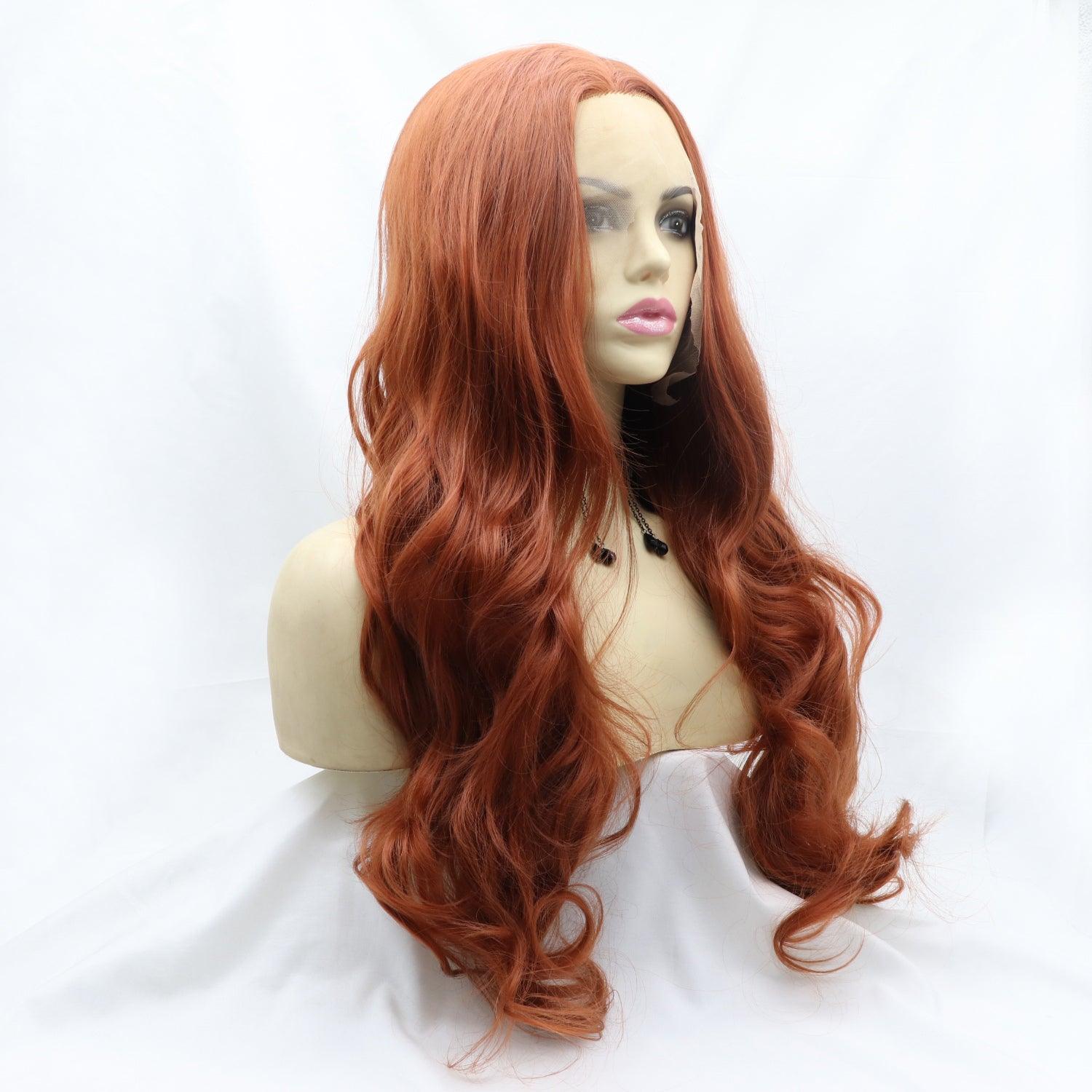 Long, wavy reddish-orange wig with 130% density on a mannequin head against a white background.