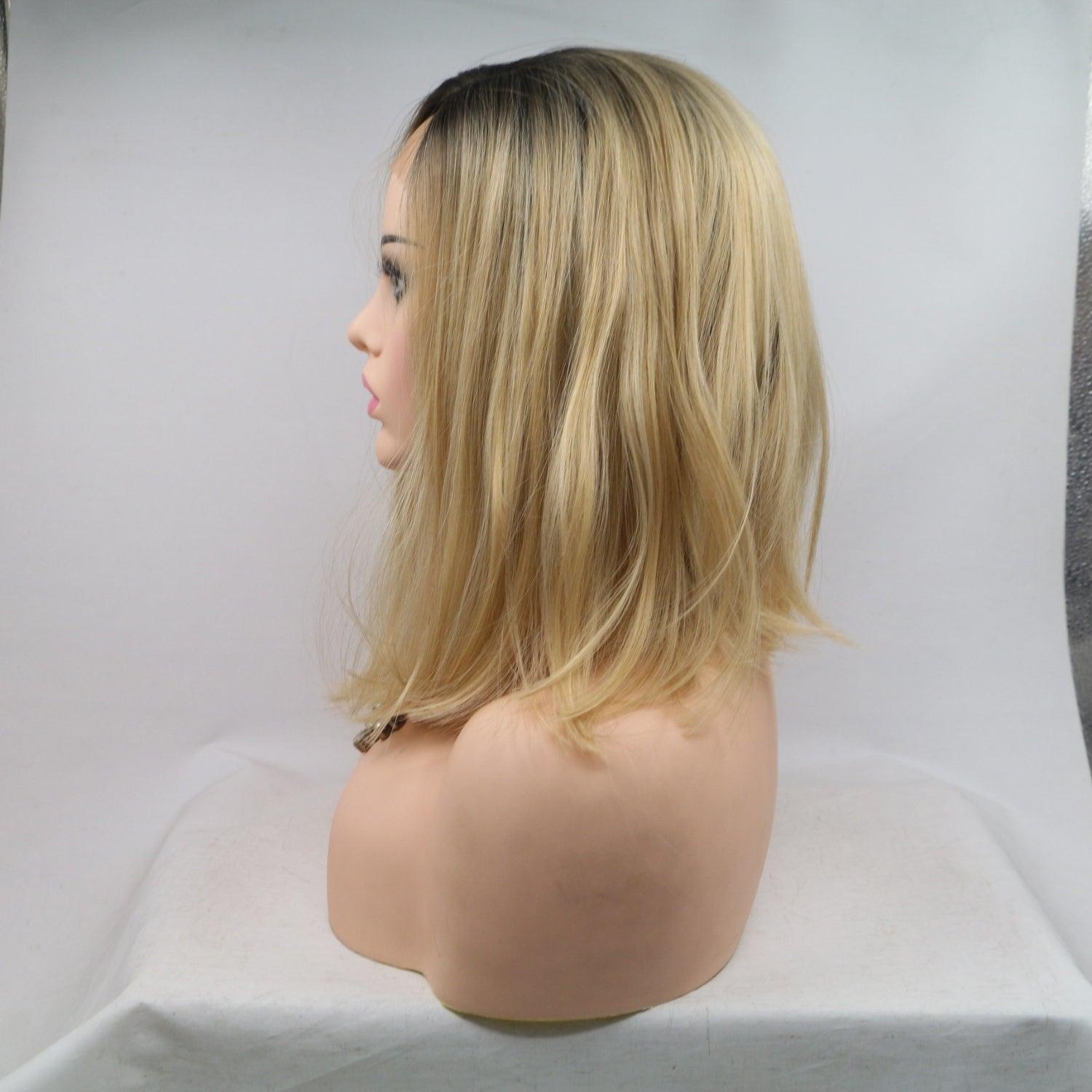 Blonde mid-length wig with natural-looking synthetic hair showcased against a white background.