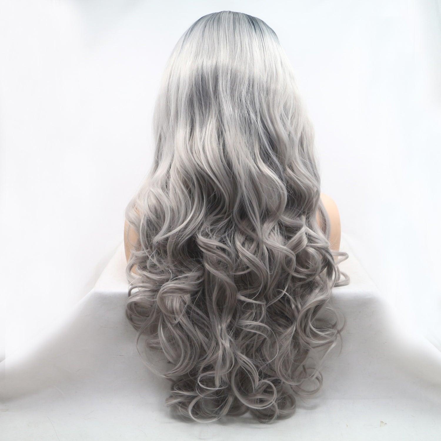 Long, silver-gray wavy wig with 130% density for a lush, voluminous look