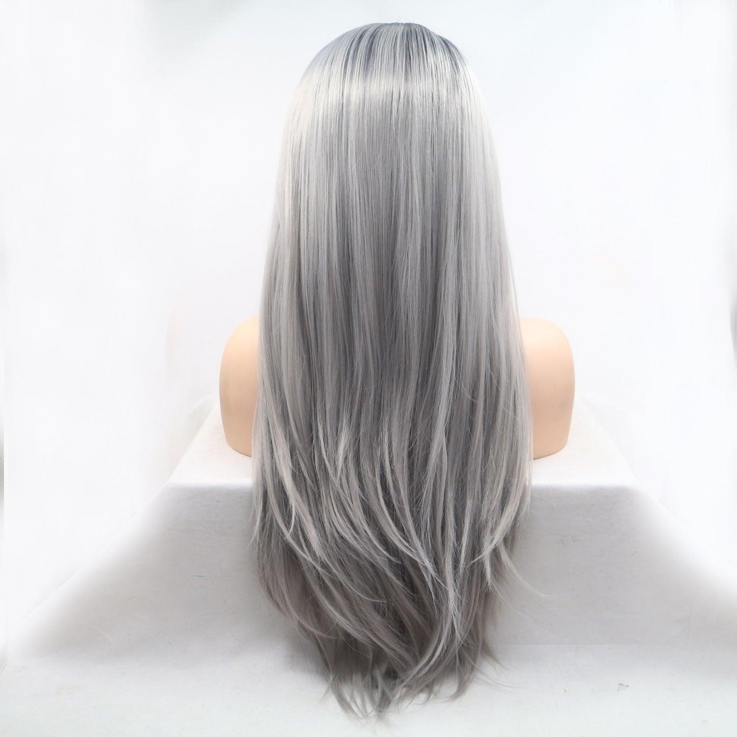 Sleek silver wig with long, straight synthetic hair and 130% density for a full and voluminous look