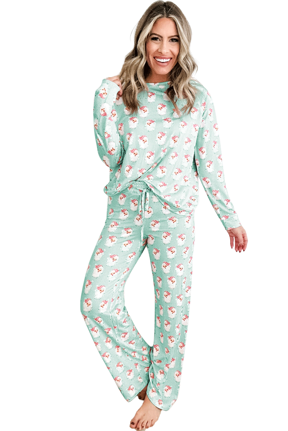 Festive Comfort: Green Santa Claus Striped Two-Piece Lounge Set