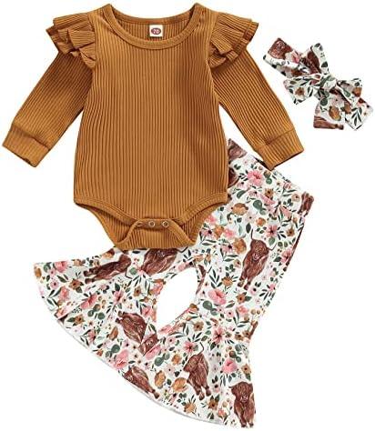 Newborn Baby Girl Clothes Infant Rib Frill Long Sleeve Romper Floral Flared Pants Headband 3pcs Fall Winter Outfits - KevRow5760