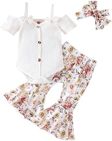 Newborn Baby Girl Clothes Infant Rib Frill Long Sleeve Romper Floral Flared Pants Headband 3pcs Fall Winter Outfits - KevRow5760