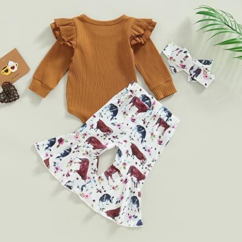 Newborn Baby Girl Clothes Infant Rib Frill Long Sleeve Romper Floral Flared Pants Headband 3pcs Fall Winter Outfits - KevRow5760