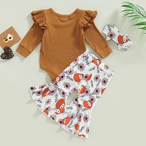 Newborn Baby Girl Clothes Infant Rib Frill Long Sleeve Romper Floral Flared Pants Headband 3pcs Fall Winter Outfits - KevRow5760