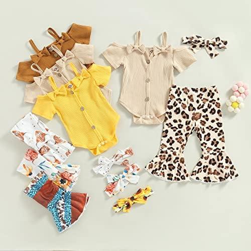 Newborn Baby Girl Clothes Infant Rib Frill Long Sleeve Romper Floral Flared Pants Headband 3pcs Fall Winter Outfits - KevRow5760