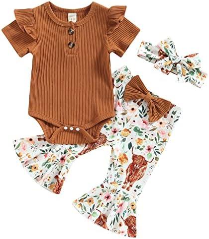 Newborn Baby Girl Clothes Infant Rib Frill Long Sleeve Romper Floral Flared Pants Headband 3pcs Fall Winter Outfits - KevRow5760