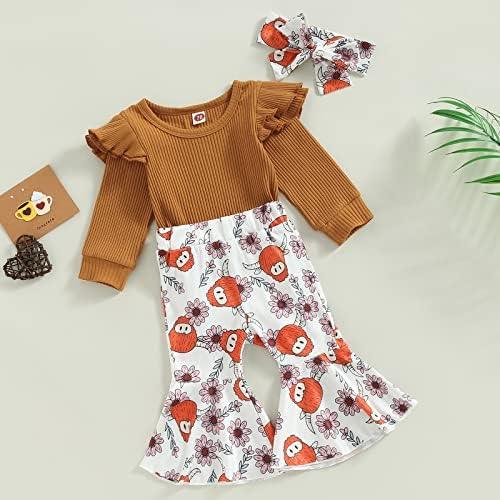 Newborn Baby Girl Clothes Infant Rib Frill Long Sleeve Romper Floral Flared Pants Headband 3pcs Fall Winter Outfits - KevRow5760