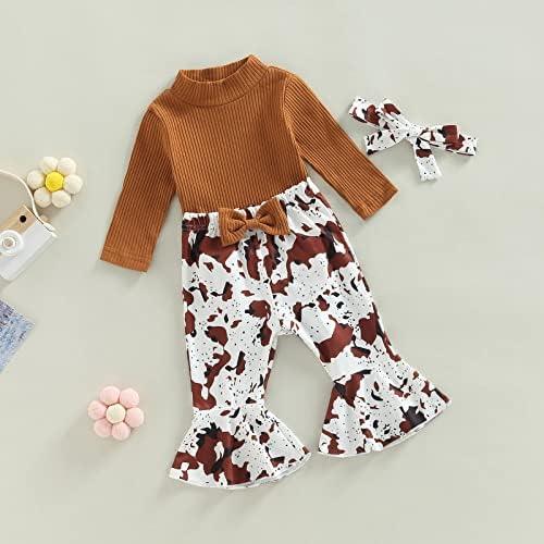 Newborn Baby Girl Clothes Infant Rib Frill Long Sleeve Romper Floral Flared Pants Headband 3pcs Fall Winter Outfits - KevRow5760