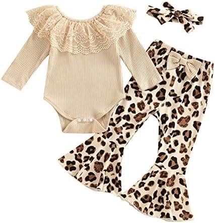 Newborn Baby Girl Clothes Infant Rib Frill Long Sleeve Romper Floral Flared Pants Headband 3pcs Fall Winter Outfits - KevRow5760