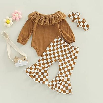 Newborn Baby Girl Clothes Infant Rib Frill Long Sleeve Romper Floral Flared Pants Headband 3pcs Fall Winter Outfits - KevRow5760