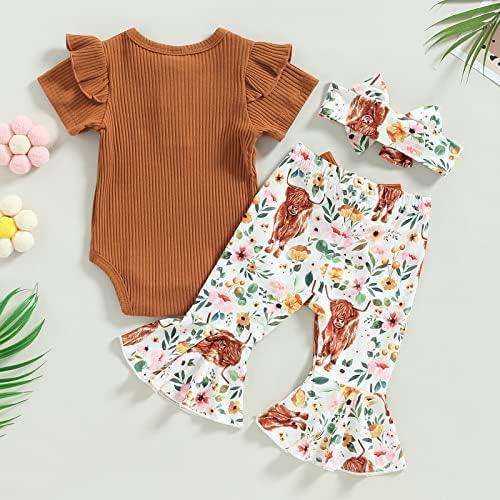 Newborn Baby Girl Clothes Infant Rib Frill Long Sleeve Romper Floral Flared Pants Headband 3pcs Fall Winter Outfits - KevRow5760