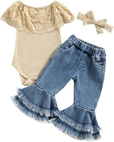 Newborn Baby Girl Clothes Infant Rib Frill Long Sleeve Romper Floral Flared Pants Headband 3pcs Fall Winter Outfits - KevRow5760