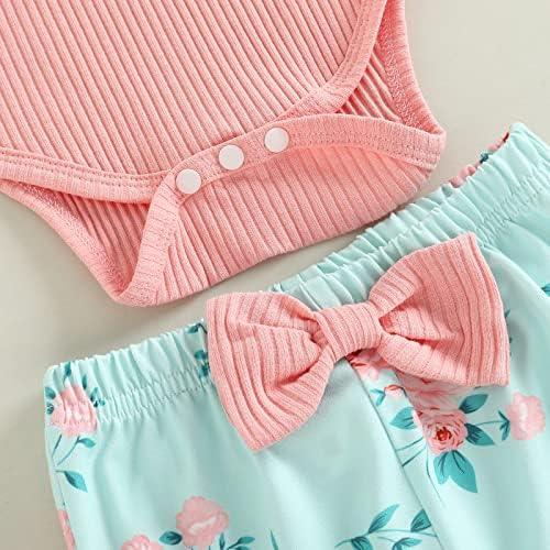 Newborn Baby Girl Clothes Infant Rib Frill Long Sleeve Romper Floral Flared Pants Headband 3pcs Fall Winter Outfits - KevRow5760