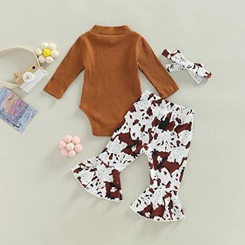 Newborn Baby Girl Clothes Infant Rib Frill Long Sleeve Romper Floral Flared Pants Headband 3pcs Fall Winter Outfits - KevRow5760