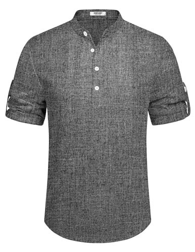 COOFANDY Men's Casual Henley Shirt Short Sleeve Band Collar Linen Shirt Summer Beach Hippie T-Shirts