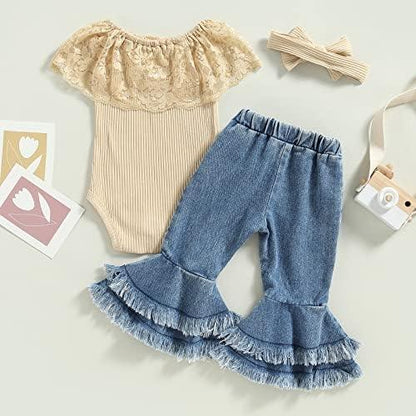 Newborn Baby Girl Clothes Infant Rib Frill Long Sleeve Romper Floral Flared Pants Headband 3pcs Fall Winter Outfits - KevRow5760